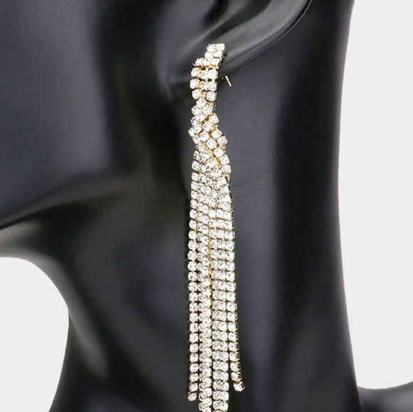 Pave Fringe Gold Crystal Dangle Earrings Tassel Waterfall Evening Accessory - Picture 2 of 2